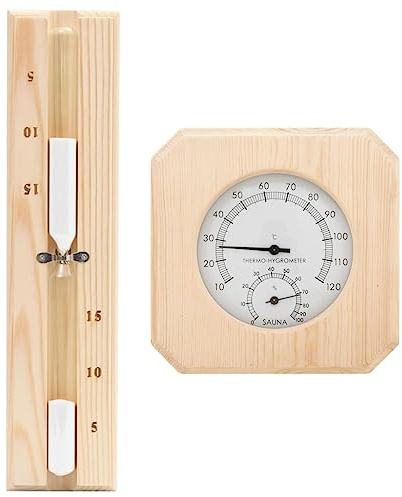 sephironlbb Ensemble 2 en 1 avec hygrothermomètre et sablier pour sauna en bois de pin massif avec verre résistant à la chaleur, sablier de 15 minutes pour infusion de sauna et bien-être, relaxation