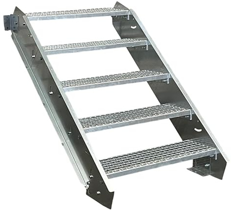 SRM Design 5 Stufen Stahltreppe Breite 100 cm verzinkt | Geschosshöhe 70 - 105 cm feuerverzinkt ohne Geländer robuste Außentreppe Wangentreppe stabile Industrietreppe Außenbereich