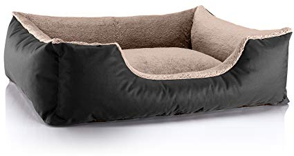 BedDog Hundebett Teddy, Hundesofa aus Cordura und Microfaser-Velours, waschbares Hundebett mit Rand, Hundekissen Vier-eckig, für drinnen, draußen, Größe L, schwarz-beige