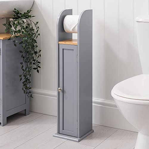 CHRISTOW Free Standing Toilet Roll Holder Cabinet, Wooden Grey & Bamboo Toilet Roll Storage Unit With Shelf