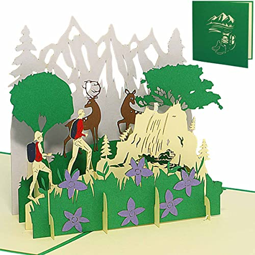 LINPOPUP®, 3D Pop-Up Grußkarte, Berg-Wandern, Grüne 3D Berglandschaft, Geburtstagskarte, N377