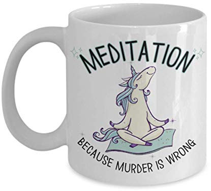 Heavily Meditated Mug Meditation Because Murder is Wrong Unicorn Lotus Pose Funny Yoga 11 o 15 oz. Blanco Bohemio espiritual cerámica café té taza