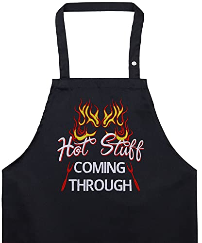 EXPRESS-STICKEREI BBQ Grillschürze - Lustige Kochschürze für Grillfans - Verstellbare Latzschürze für Männer/Frauen - Küchenschürze mit Spruch Hot stuff - Coming through - Grillschürze