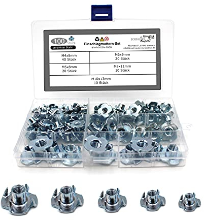 100 teiliges Set Einschlagmuttern mit 4 Einschlagspitzen ähnlich der DIN 6930 / verzinkter Stahl Größen M4 M5 M6 M8 M10
