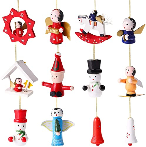 WANKUI 12 Stück Weihnachten Deko Figuren Puppe Anhänger Holzanhänger Weihnachtsbaum Miniature Christbaumanhänger Holz Baumbehang Christbaumschmuck