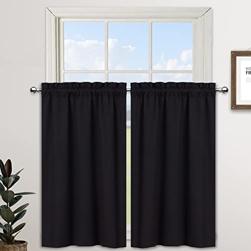 CAROMIO Blicktdichte Scheibengardine landhausstil Verdunkelungsvorhang Küchenvorhang für Cafè Kurzvorhang für Küche Schlafzimmer Blickdichte Bistrogardine landhausstil Schwarz BxH 66x60cm,2 Stücke