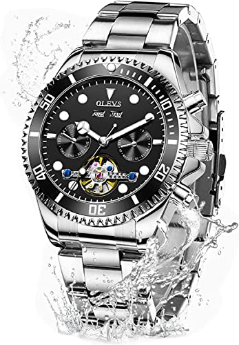 OLEVS Automatikuhren für Herren, selbstaufziehend, klassische Designer-Tourbillonuhr, Edelstahl, wasserfest, leuchtende Herren-Armbanduhren, silberfarben / schwarz