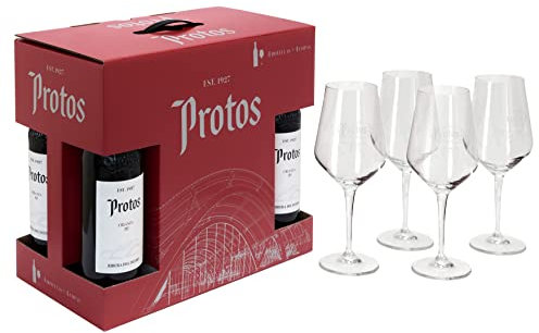 Protos Crianza - Vino Tinto Ribera del Duero 4 botellas x 75cl, Tempranillo 100%, Estuche regalo con 4 copas