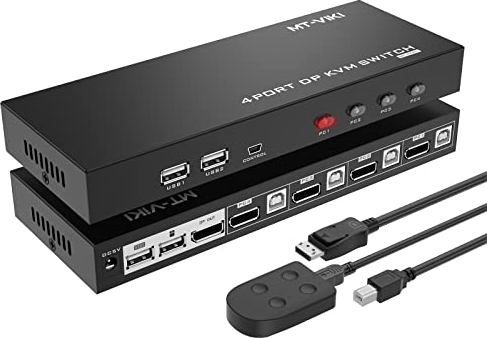 MT-VIKI Conmutador KVM 4 K DisplayPort DP KVM Switch 4 monitores con 4 cables DP 4 cables USB 4K @ 60Hz 4:4:4 UHD Soporta HDCP 2.2 Hotkey Selector