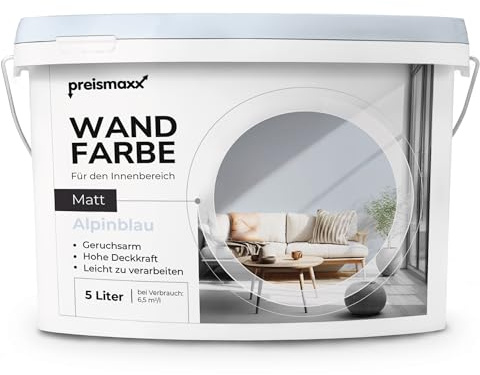 Preismaxx Wandfarbe Blau Alpinblau hohe Deckkraft matt hochdeckend 5l | Für Wände, Decken, Putz, Tapete & Altanstriche, geruchsarm, tropfgehemmt, Renovierung & Neuanstrich
