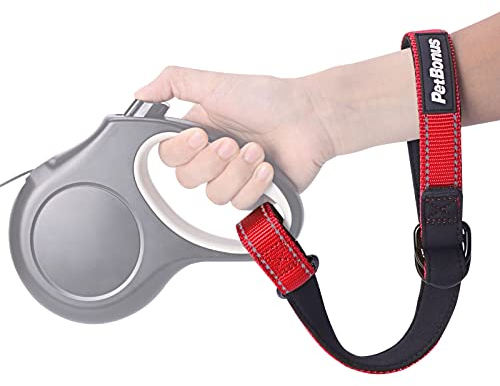 PetBonus Kurze Hundeleine, Sicherheitsarmband für Rollleine Hundeleine, Reflektierende Nähte und Verstellbarer, weich gepolsterter Handgriff, Extraschicht Sicherheit für Kinderwagen (Rot)