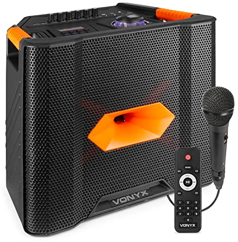 Vonyx ROCK300 Musik Box mit Mikrofon, 180 Watt, tragbarer Bluetooth Lautsprecher mit Mikrofon und Fernbedienung, 10h Akku Soundbox, MP3, AUX, USB, Party Musik Box für Daheim und Unterwegs - Schwarz