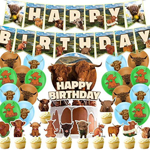 Hochland Kuh Geburtstag Dekorationen Hochland Rinder Party Supplies Beinhaltet Hochland Kuh Happy Birthday Banner Kuchen Topper Cupcake Topper Ballons für Hochland Kuh Party Farm Tier Geburtstagsparty