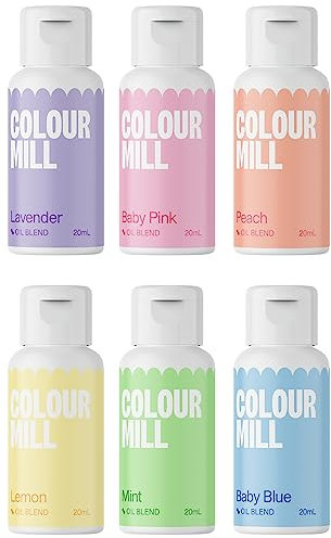Colour Mill Oil Blend Pastel Lebensmittelfarben auf Ölbasis - Lebensmittelfarben: Lavender, Baby Pink, Peach, Baby Blue, Mint, Lemon - Food Coloring für Tortendeko - Set/6