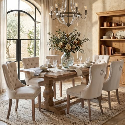 Esszimmerstühle mit gepolstertem Flügelrücken, cremebeige, 6er Set | Weicher Samtbezug, Tufting, Nietenbesatz, Rückenring, Holzbeine. Ideal für Esszimmer, Wohnzimmer, Innendekoration.