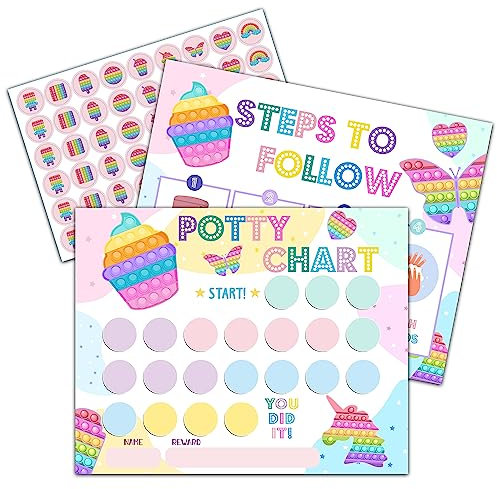 Pop It Tableau d'autocollants d'apprentissage de la propreté, 20 tableaux de pot avec 432 autocollants ronds et 1 feuille d'instructions (français non garanti), tableau d'autocollants de récompense de