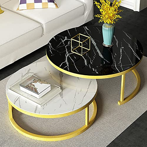 Table Basse Ronde Moderne, Table gigogne en Verre trempé et métal, Table d'appoint, Lot de 2, Table de canapé, Table Centrale de Salon (Couleur : Cadre doré, Taille : 81,3 cm + 61 cm)
