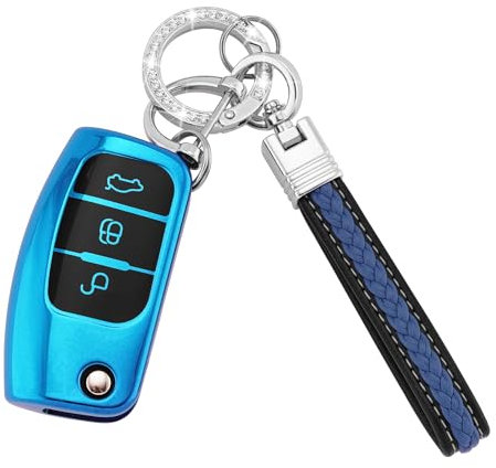 Koaudb Autoschlüssel Hülle Cover Passt für Ford Focus Fiesta Galaxy Kuga C-Max S-Max Mondeo MK4 3 Tasten Schlüsseletui TPU Schlüsselhülle mit Schlüsselanhänger-Lanyard (CL-Frd-3F-E)