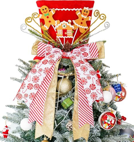 Colfiguorna Christmas Tree Topper Hat, Gingerbread Man Xmas Tree Toppers Large Red Sequins Hat with Lengthened Ribbon, Christmas Tree Ornaments for Christmas Holiday