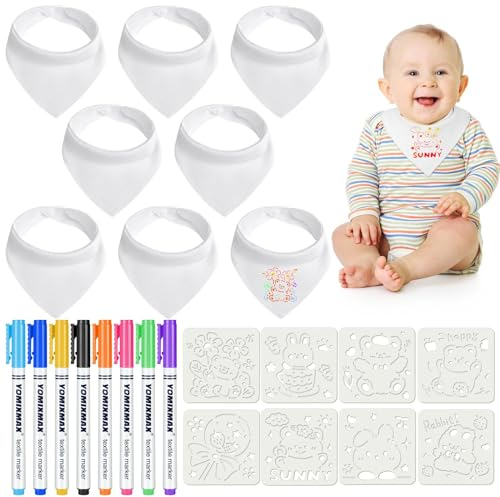Aolso Baby Lätzchen zum Bemalen - 8 Stück Weißes Baumwolllätzchen mit 8 Textilstiften und Zeichenvorlage - Wasserdichtes Lätzchen (40*29cm) für Babys und als Geschenk zur Babyparty