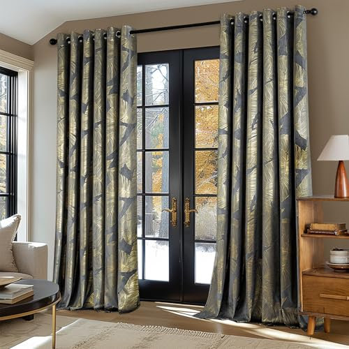 MIULEE Vorhänge mit Goldfolie Blätter Muster, 2 Stück Grau Gardinen mit Ösen 228x228 cm, Superweich Samt Vorhang Blickdicht für Deko Wohnzimmer Schlafzimmer, Extra Breite Samtvorhang