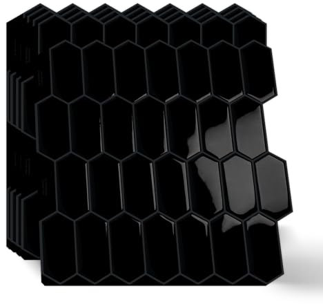 MOONFUN Long Hexagon Peel and Stick Tiles Backsplash,10 Sheets 3D Self Adhesive Wall Tile Back Splash 12 x 12 Inch for Kitchen,Bathroom(Pure Black)