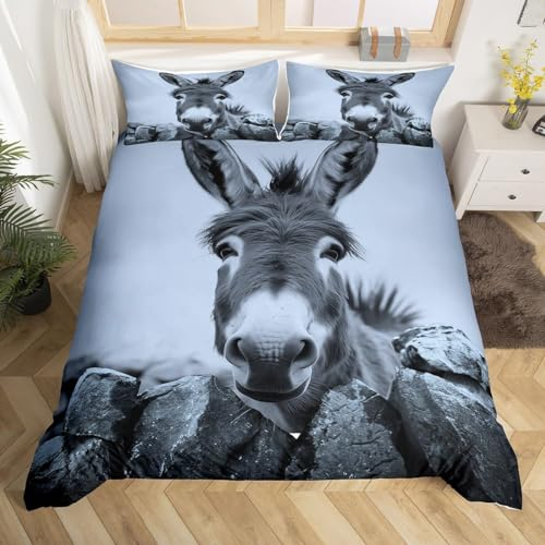 Esel Bettwäsche 155x220 cm Weich Microfaser Bettwäsche-Sets Lustige Tiere Bettbezug 3D Bettbezüge mit Reißverschluss und 2 Kissenbezug 80x80 cm, C5446