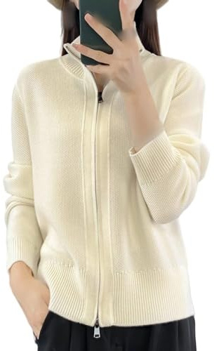 CuLtP Damen Strickjacke Mit Reißverschluss Und Stehkragen, Langärmelige Strickjacke Mit Offener Vorderseite, Strick Oberbekleidung, Elastische, Leichte Bolero Strickwaren Für Den Täglichen Gebrauch