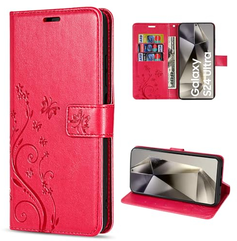 Hülle Kompatibel mit Samsung Galaxy S24 Ultra | Premium PU Leder Handyhülle Wallet Case für Galaxy S24 Ultra | Schutzhülle Blumen Klapphülle Handyhülle | Rot