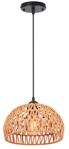 LIGKIN Vintage Boho Rattan Lampe Pendelleuchte Hängelampe, E27 Metalle Geflochten Lampenschirm Pendellampe, Ø25CM Rustikal Industrielle Kronleuchter für Schlafzimmer Kindergarten Korridor