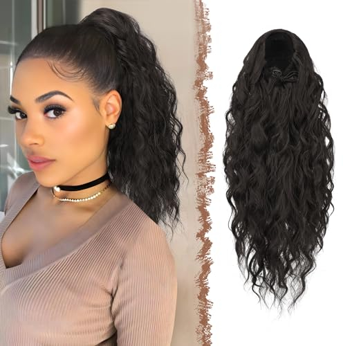 FESHFEN Pferdeschwanz Haarteil mit Kordelzug, Lange Wellen Zopf Verlängerung Haare Extensions Synthetik Wellig Haarverlängerung Clip in Ponytail für Damen, 45 cm Natürlich Schwarz