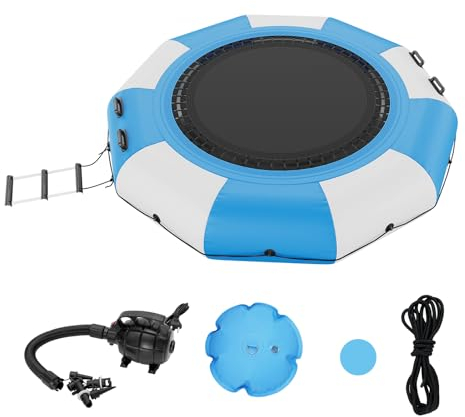 VEVOR Aufblasbarer Wassertrampolin mit Leiter, wasserdichte, Abriebfeste, Wassertrampoline 3,05 m Großen Sprungfläche, Sprungplattform-Wasserpark Pool Trampolin, Blau + Weiß 185 kg Tragfähigkeit