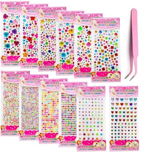 3400 Stück Glitzersteine Selbstklebend, 12 Blätter Glitzer Sticker Mädchen Glitzersteine zum Basteln, Aufkleber Glitzer für Kinder Glitzersteine Gesicht Strasssteine für DIY Grußkarten Trinkflasche