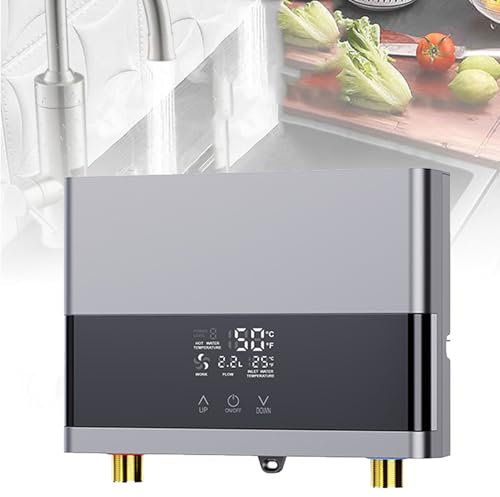 URJWAN Instant Water Heater, Tankless Electric Heating Element Energy Efficient Water Heater for In-Line Sinks, Under Sink, and Showers with Lcd Display,Silver-220V