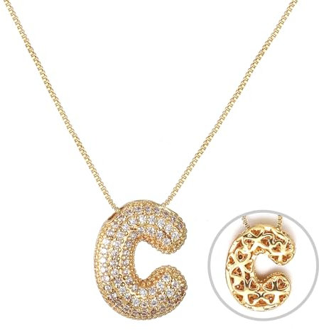 RWQIAN Bubble Buchstaben Kette Gold C Damen Balloon Initialen Haskette Bling Zirkonia Buchstaben Kette Anhänger Blase Letter Schmuck Geschenke für Frauen