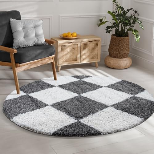 SANAT Milano Shaggy Teppich - Hochflor Teppiche für Wohnzimmer, Schlafzimmer, Küche - Grau Weiss, Größe: 80 cm Rund