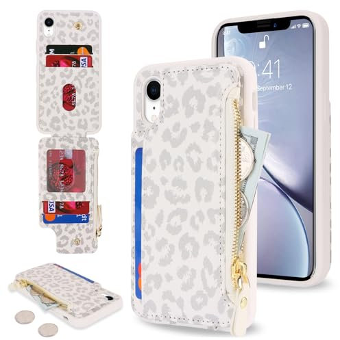SailorTech for iPhone XR Phone Case with Credit Card Holder for Men, iPhone XR Case with Credit Card Slots Wallet Zipper Case for Women - White Leopard