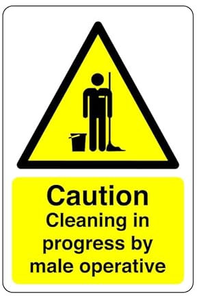 Safety First Display LTD Caution cleaning in progress by male operative sign - 1.2mm Rigid plastic for indoor/outdoor usage (600mm x 400mm) Viewing Distance within 20m.