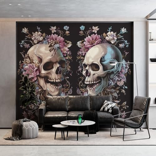 3D Wall Mural Skull Floral Peony Print Photo Wallpaper, Black Non-Woven Wall Mural Decoration Poster Picture Design Modern 300 x 210 cm (WxH) Mural for Living Room Kids Bedroom