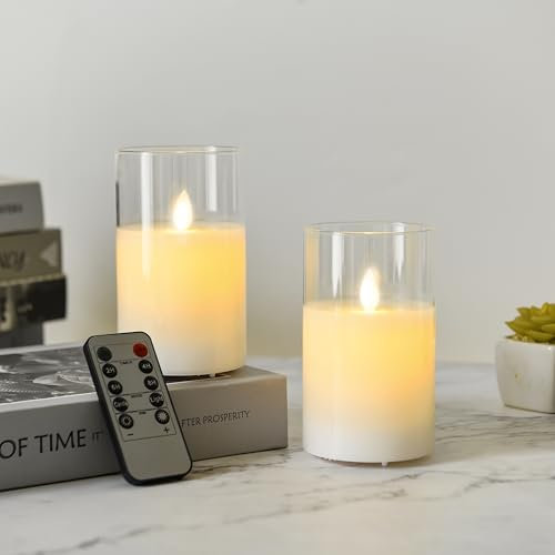 Koelaa LED Candles, [2 Pack], Glass Battery Candles, Flameless, Flickering, Battery Operated Candle with Remote, LED Candle for Christmas, Halloween, Festivals Decoration-7.5 * 12.5cm