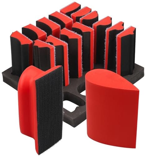 STEBRUAM Hand Sanding Block Set Contoured Profile with Hook and Loop Sanding Pad Hook Backing Plate Convex & Concave Shape for Woodworking Furniture Restoration, Auto Paint and Craft (16-Piece Red)
