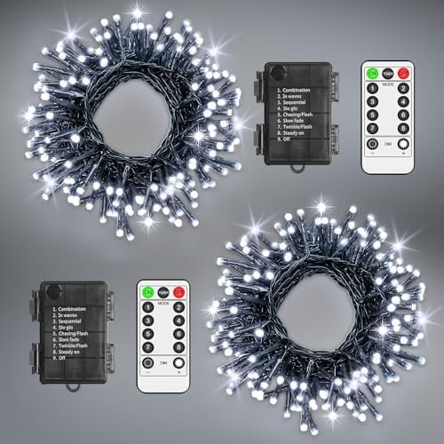 LYNNON 2x100 LED Lichterkette Außen Batterie Weiß Lichterkette Outdoor Wasserdicht 8 Modi mit Fernbedienung und Timer für Innen Party Hochzeit Ostern Garten Balkon Weihnachtsbaum deko