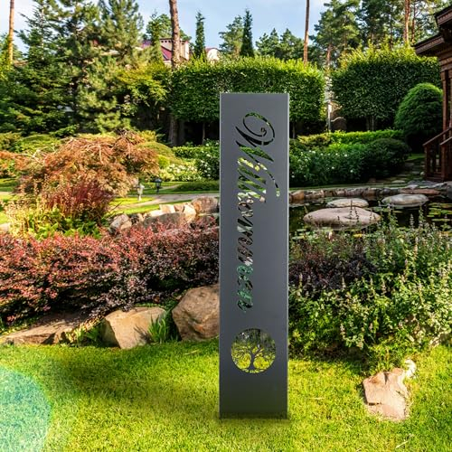 gardivo Gartendeko Willkommensschild für Außenbereich 115cm 3 Farben Verschiedene Muster in den Boden stecken Schild Metall Rost Anthrazit mehr (Anthrazit, Natur)