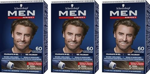 Schwarzkopf, Men Perfect, Tinta Colorante in Gel, Copertura dei Capelli Bianchi Effetto Naturale, Tonalità 60 Castano Naturale, 3 confezioni