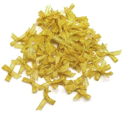 Werownsgso 100 Stück 6mm Mini Satinband Deko Schleifen Mini gemischte Farbe Bowtie für DIY Basteln Hochzeit, Weihnachten Dekoration, Karten, Geschenk (Gold)