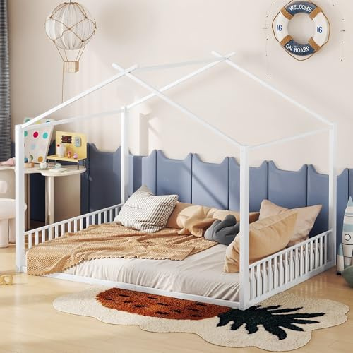 Aoskem Kinderbett Hausbett Doppelbett Bett 140x200 cm, Bodenbett Flachbett Jugendbett Metallbett, Bett in Hausform, Bettgestell mit Lattenrost, Eisenrahmenbett, Ohne Matratze (Weiß)