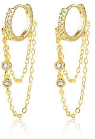 Gold Drop & Huggies Hoop Earrings - 14k Gold Plated, Sterling Silver, Double Chain & Tassel Dangle Design