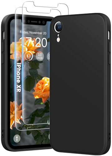 HuwaiH 3 in 1 Hülle für iPhone XR, mit 2 Stück 9H 0.33mm Panzerglas, Upgraded Kameraschutz, Kratzfeste Stoßfeste Handyhülle für iPhone XR(Tiefschwarz)