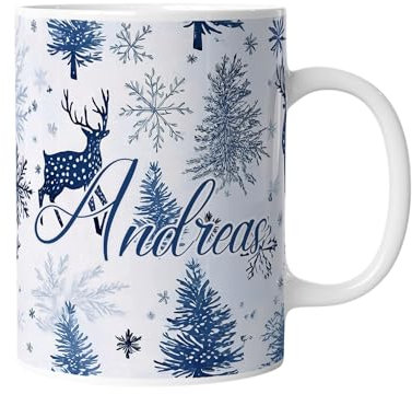 Moderne Weihnachtstasse personalisiert mit Namen | Tasse zu Weihnachten Keramik Kaffeetasse Weihnachtsmotiv Nikolaus Geschenk für Kinder Blaue Winterlandschaft | mug-xmasZ-2