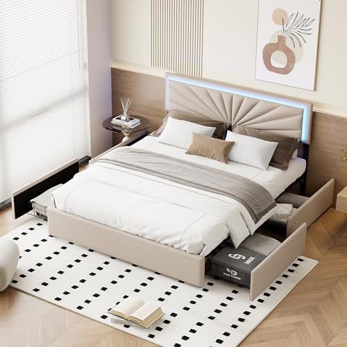 BPKADHY Polsterbett 140x200 cm mit LED,Doppelbett Stauraumbett mit 4 Schubladen,Höhenverstellbarem Kopfteil mit LDE,Jugendbett Bettgestell mit Lattenrost aus Holz,Leinen,Beige